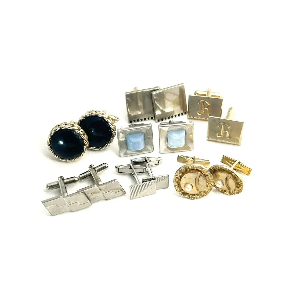7 pair of vintage cufflinks silver and gold tone Black cabochon faux pearl
